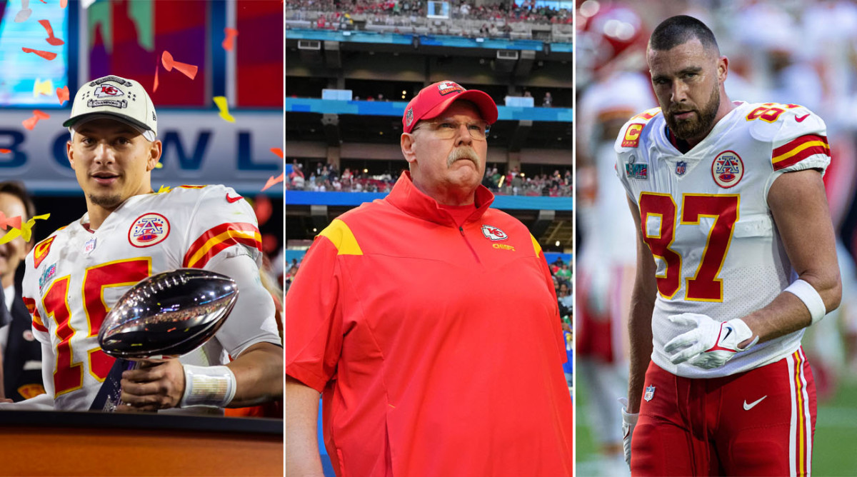 Patrick Mahomes holds the Lombardi Trophy; Andy Reid walks onto the field looking up; Travis Kelce tilts his head to look to the side, walking on the field without his helmet on